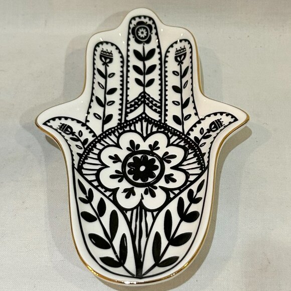 Ceramic Hamsa Hand Trinket Dish Black White with Gold Trim - Picture 2 of 6